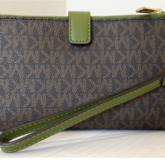 New Michael Kors Jet Set Travel Double Zip Wristlet Wallet Brown / Evergreen - Picture 2 of 6